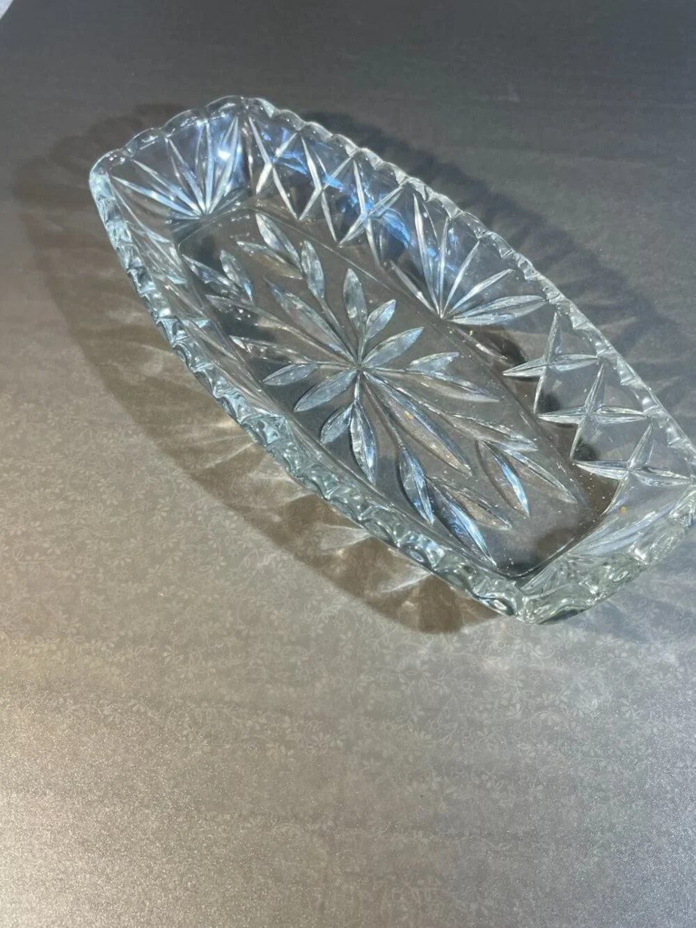 Vintage Pressed Glass Oblong Candy Bowl/Cracker Dish with Scalloped Rim (#711)